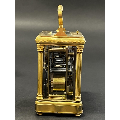 82 - Fine antique later 19th century French gilt brass grand Sonnerie carriage clock and case, alarm, pus... 