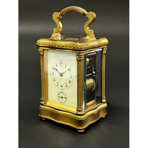 82 - Fine antique later 19th century French gilt brass grand Sonnerie carriage clock and case, alarm, pus... 