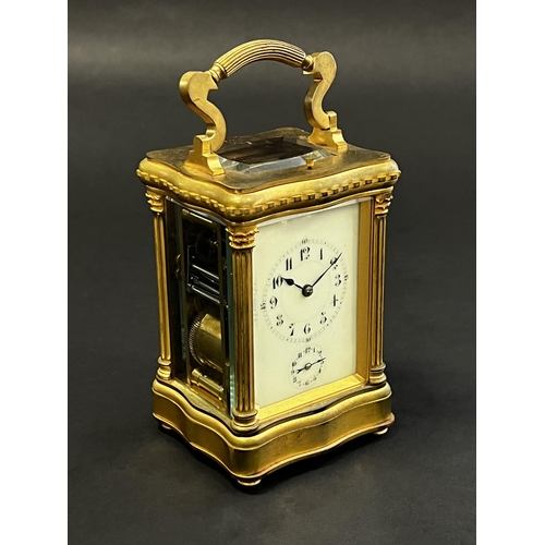 82 - Fine antique later 19th century French gilt brass grand Sonnerie carriage clock and case, alarm, pus... 