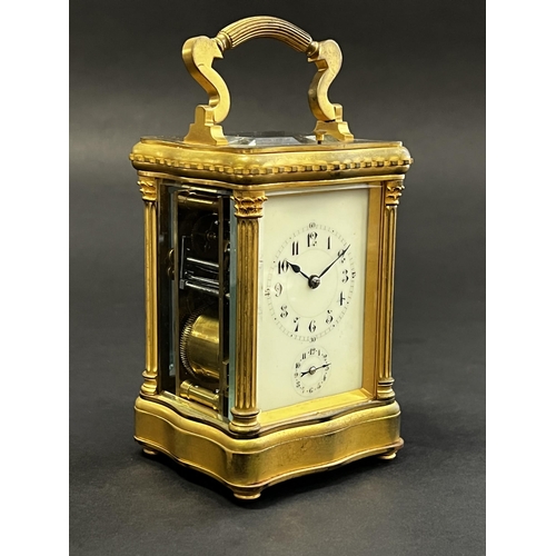 82 - Fine antique later 19th century French gilt brass grand Sonnerie carriage clock and case, alarm, pus... 