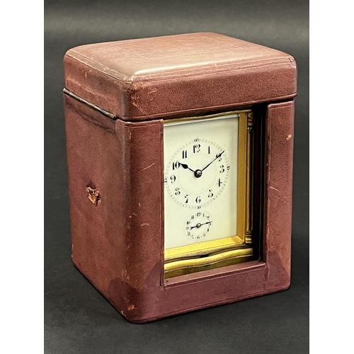 82 - Fine antique later 19th century French gilt brass grand Sonnerie carriage clock and case, alarm, pus... 