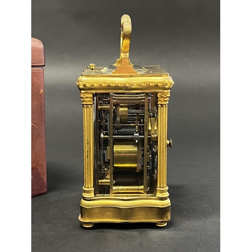 82 - Fine antique later 19th century French gilt brass grand Sonnerie carriage clock and case, alarm, pus... 