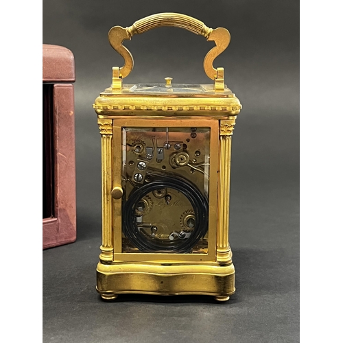 82 - Fine antique later 19th century French gilt brass grand Sonnerie carriage clock and case, alarm, pus... 