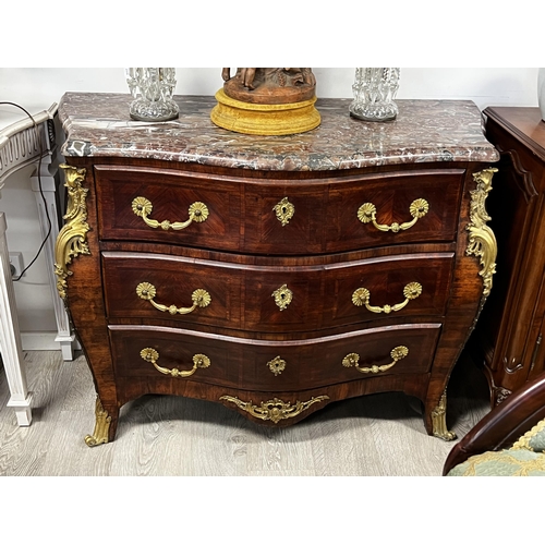 106 - Fine Antique 19th century French parquetry bombe shape marble topped three drawer commode, approx 92... 