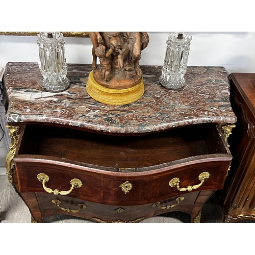 106 - Fine Antique 19th century French parquetry bombe shape marble topped three drawer commode, approx 92... 