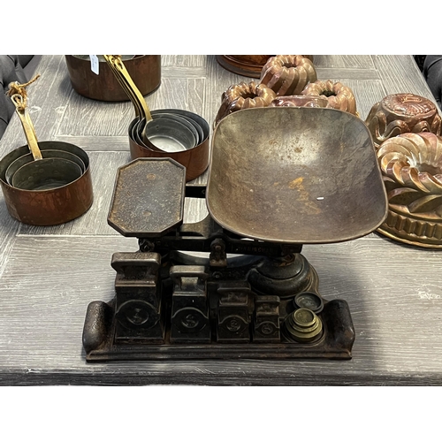 108 - Antique English balance scales, with weights, approx 25cm H x 40cm W