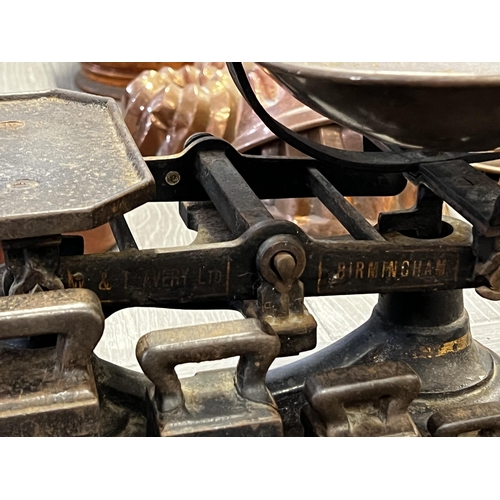 108 - Antique English balance scales, with weights, approx 25cm H x 40cm W