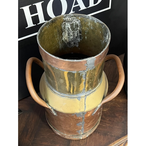 121 - Antique French copper and brass twin handled milk pail or storage container, approx 39cm H