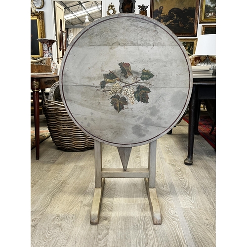 54 - French circular painted vignerons table, painted to the centre with fruiting grape vines, approx 74c... 