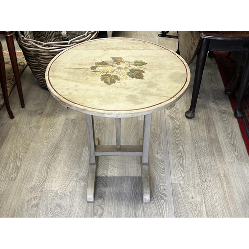 54 - French circular painted vignerons table, painted to the centre with fruiting grape vines, approx 74c... 