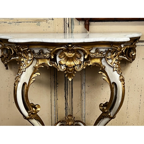 57 - Antique 19th century French marble topped console, painted and gilt gesso highlighted frame, with wh... 