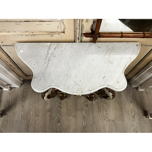 57 - Antique 19th century French marble topped console, painted and gilt gesso highlighted frame, with wh... 