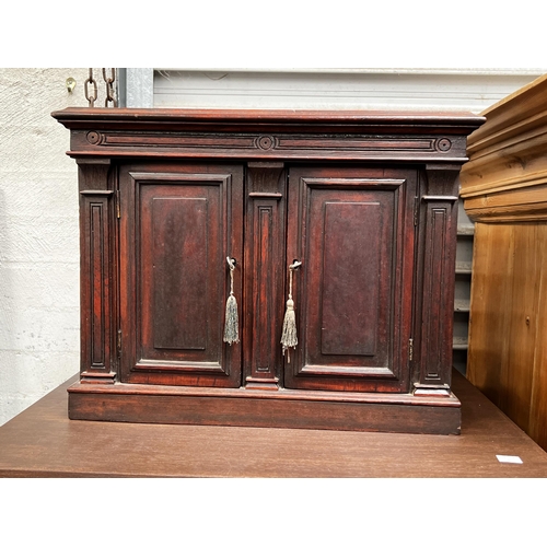 63 - Antique two door table cabinet, with keys, approx 39cm H x 49cm W x 22cm D