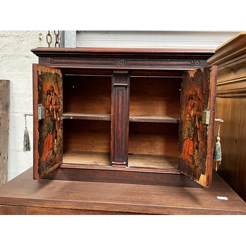 63 - Antique two door table cabinet, with keys, approx 39cm H x 49cm W x 22cm D