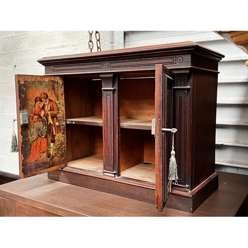 63 - Antique two door table cabinet, with keys, approx 39cm H x 49cm W x 22cm D