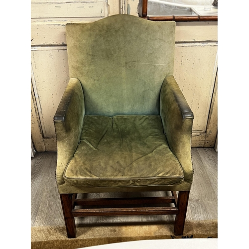 76 - English Georgian arm chair, with pale green and studded upholstery, channelled square legs, with H s... 