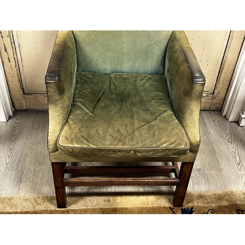 76 - English Georgian arm chair, with pale green and studded upholstery, channelled square legs, with H s... 