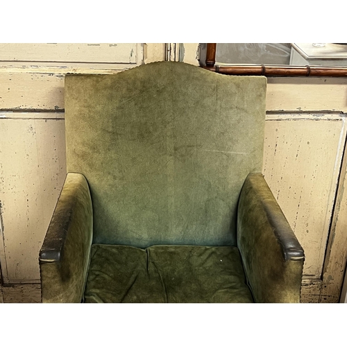 76 - English Georgian arm chair, with pale green and studded upholstery, channelled square legs, with H s... 