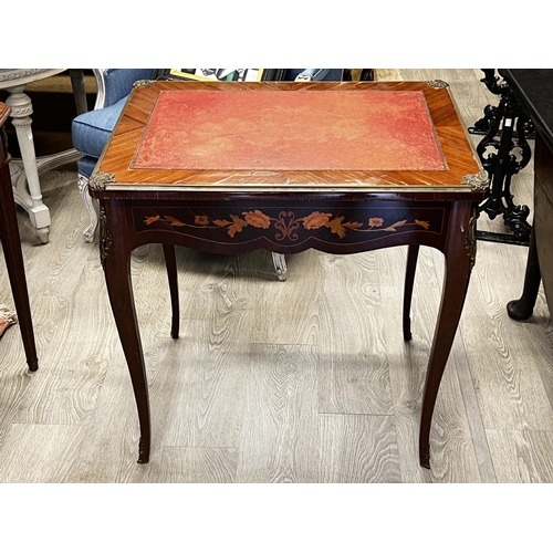 97 - French floral marquetry single drawer side table or desk, red leather top surface, approx 75cm H x 7... 