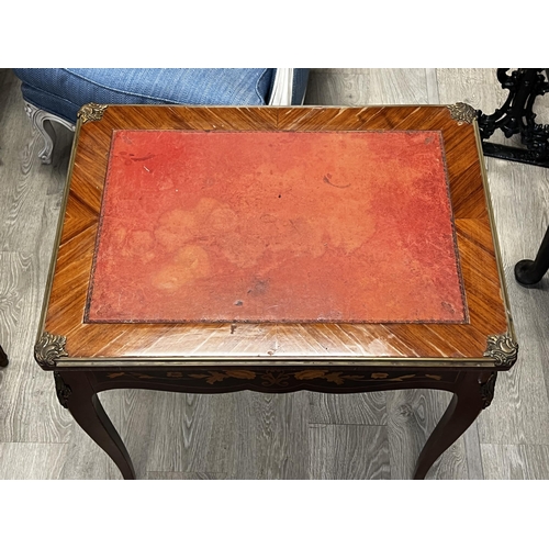 97 - French floral marquetry single drawer side table or desk, red leather top surface, approx 75cm H x 7... 