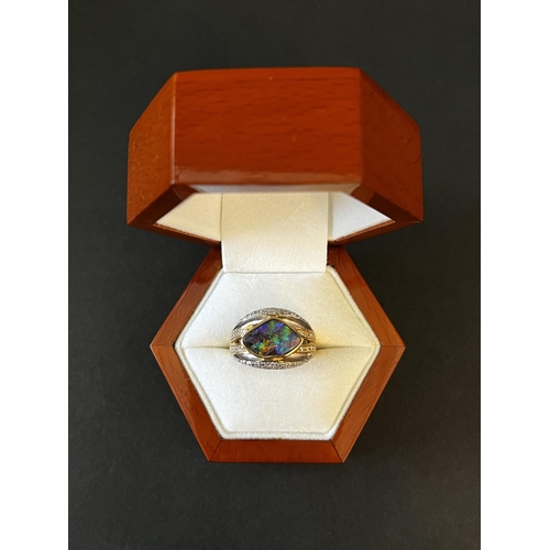 133 - 18kt White and Yellow Gold Ring featuring large natural Boulder Opal (2.88 cts) and Natural Diamonds... 