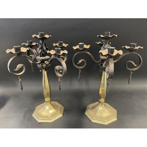 83A - Pair of interesting cast brass based and wrought iron topped five stick candelabra, approx each 45cm... 