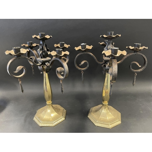 83A - Pair of interesting cast brass based and wrought iron topped five stick candelabra, approx each 45cm... 