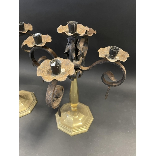 83A - Pair of interesting cast brass based and wrought iron topped five stick candelabra, approx each 45cm... 