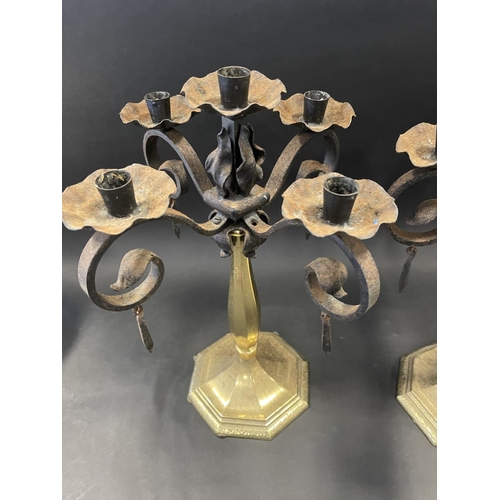 83A - Pair of interesting cast brass based and wrought iron topped five stick candelabra, approx each 45cm... 