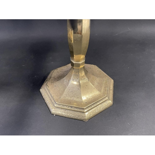 83A - Pair of interesting cast brass based and wrought iron topped five stick candelabra, approx each 45cm... 