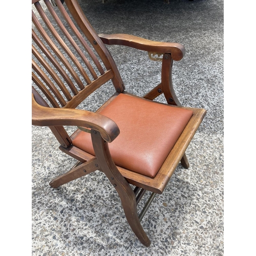 90A - Rare antique English string inlaid mahogany campaign dentist folding chair, brass fittings, adjustab... 