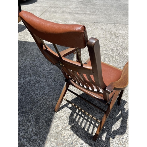 90A - Rare antique English string inlaid mahogany campaign dentist folding chair, brass fittings, adjustab... 