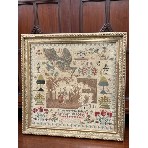 616 - Vintage large size wool work sampler, by J L . Love your neighbour as Yourself, Obey your parents, a... 