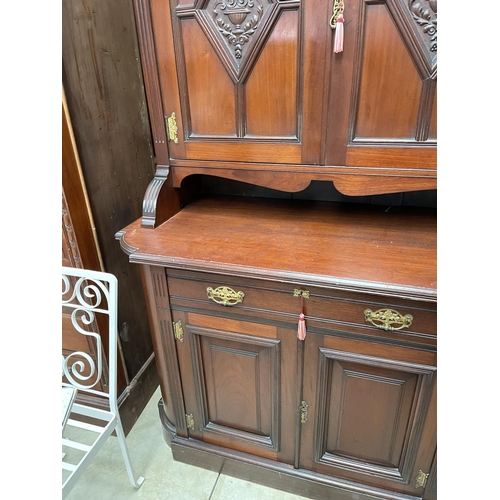 618 - Antique two height cabinet, recessed carved panels, with keys, approx 212cm H x 128cm W x 65cm D