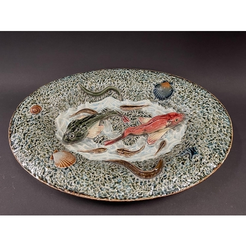 474 - Antique French majolica oval fish platter, approx 6cm H x 46cm W x 32cm D