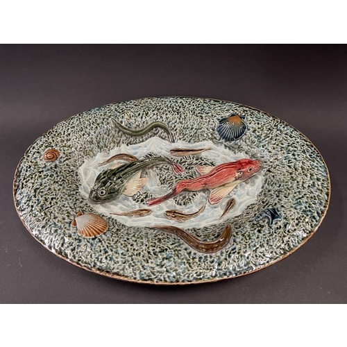 474 - Antique French majolica oval fish platter, approx 6cm H x 46cm W x 32cm D