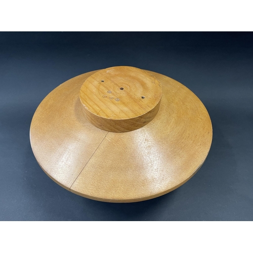 117 - Large Millers wooden saucer shape hat block and stand, approx 20cm H x 40cm Dia