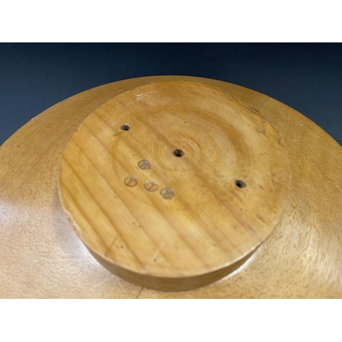 117 - Large Millers wooden saucer shape hat block and stand, approx 20cm H x 40cm Dia