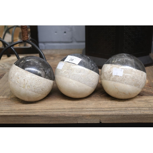 20 - Three marble sphere table ornaments, each approx 11cm Dia (3)