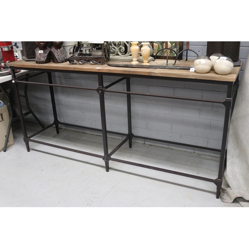 24 - Modern design metal and parquetry hall table, approx 85cm H x 180cm W x 50cm D