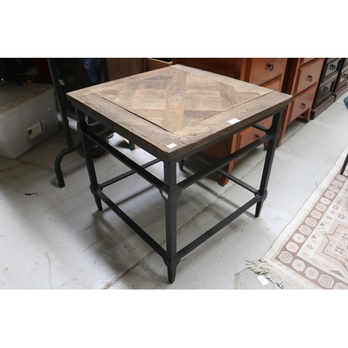 27 - Modern design metal and parquetry square coffee table, approx 50cm H x 60cm Sq