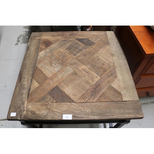 27 - Modern design metal and parquetry square coffee table, approx 50cm H x 60cm Sq