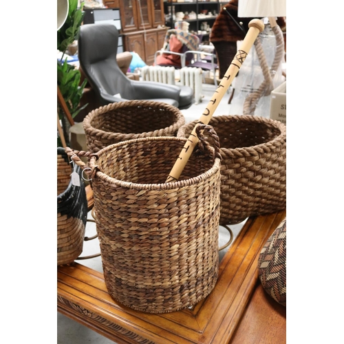 51 - Circular woven basket along with wooden walking stick marked Injasuti, basket approx 45cm H (ex hand... 