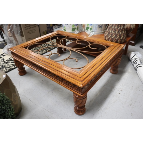 55 - Coffee table with a wrought iron design to top, missing glass, approx 44cm H x 127cm W x 101cm D