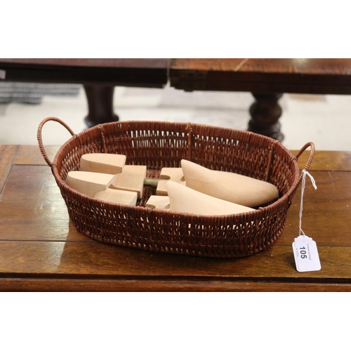 105 - Pair of shoe lasts along with a twin handled basket, approx 30cm W and smaller (3)