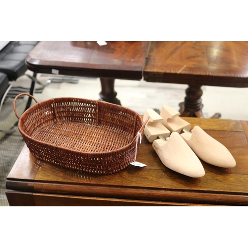 105 - Pair of shoe lasts along with a twin handled basket, approx 30cm W and smaller (3)