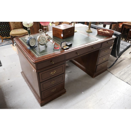 108 - Twin pedestal desk with green tooled leather top, approx 76cm H x 154cm W x 83cm D