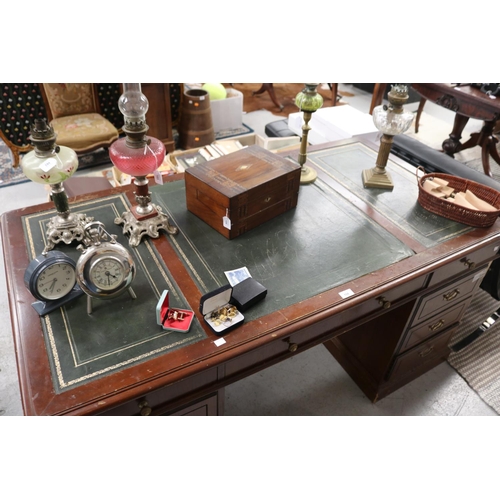 108 - Twin pedestal desk with green tooled leather top, approx 76cm H x 154cm W x 83cm D