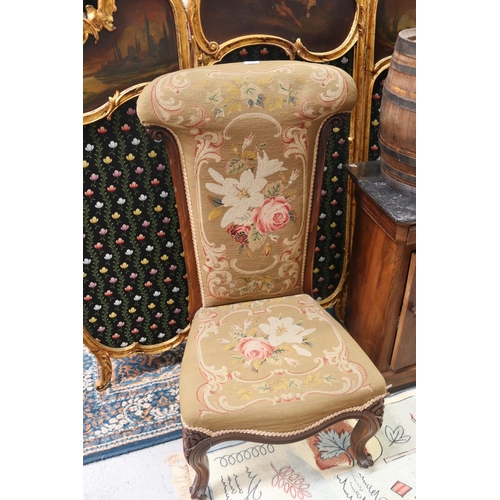 113 - Antique English tapestry prayer chair, nicely upholstered