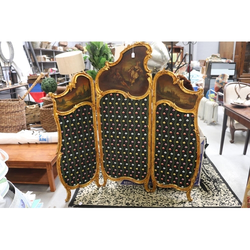 117 - Decorative French style floor screen with gold painted frame and painted scene, approx 152cm H x 45c... 